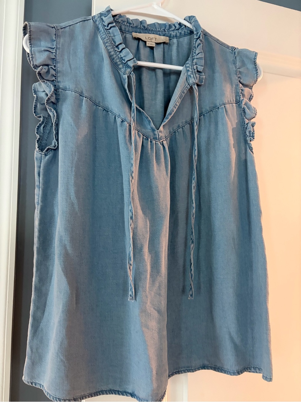 LOFT Light Blue Chambray Ruffle Tie-Neck Sleeveless Blouse